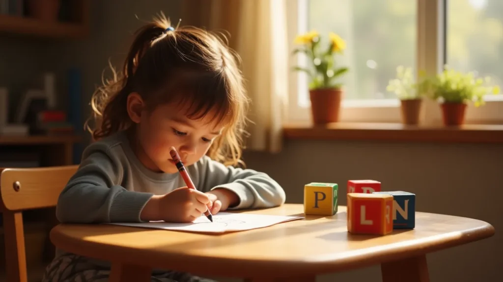 Young child practicing writing with crayons, tracing shapes, and using playdough.


