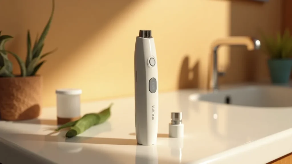 Lightweight waterproof nose hair trimmer with stainless steel blades on counter