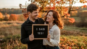 Couple laughing with engagement ring, showcasing funny & romantic engagement photo captions