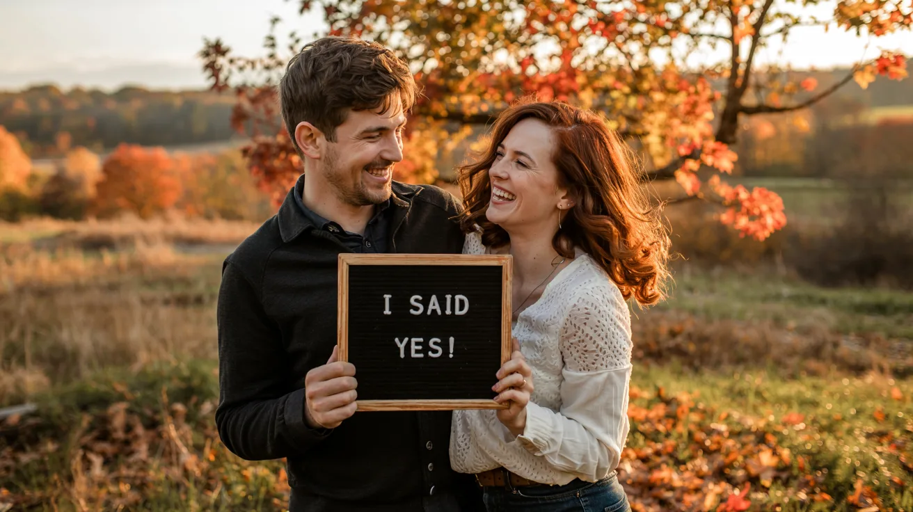 Couple laughing with engagement ring, showcasing funny & romantic engagement photo captions