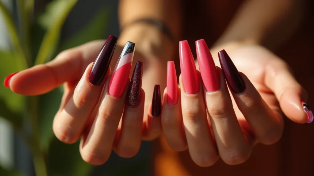Long acrylic nails in stiletto, coffin, and square shapes