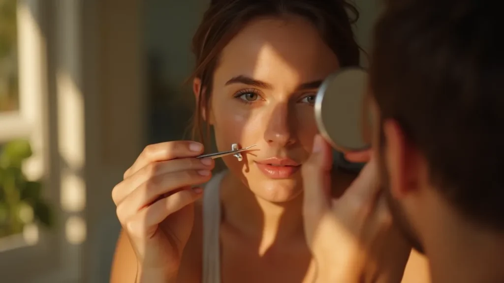 Person preparing to trim nose hair in a well-lit bathroom