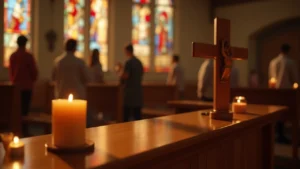 Good Friday 2025 in the USA observed with a peaceful church scene, featuring glowing candles and soft stained-glass lighting in April.