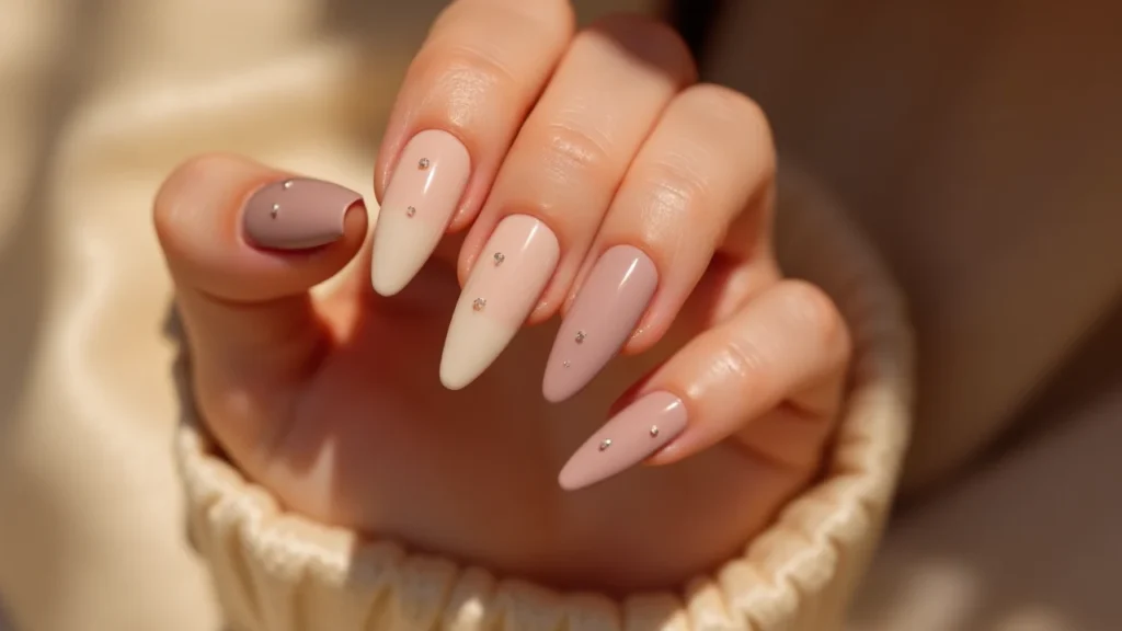 Hand with mixed nail shapes in minimal neutral designs