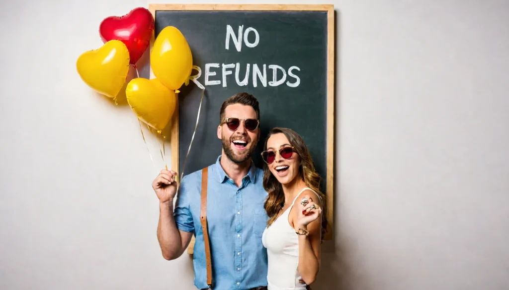 Goofy engaged couple showing off ring and sarcastic signs