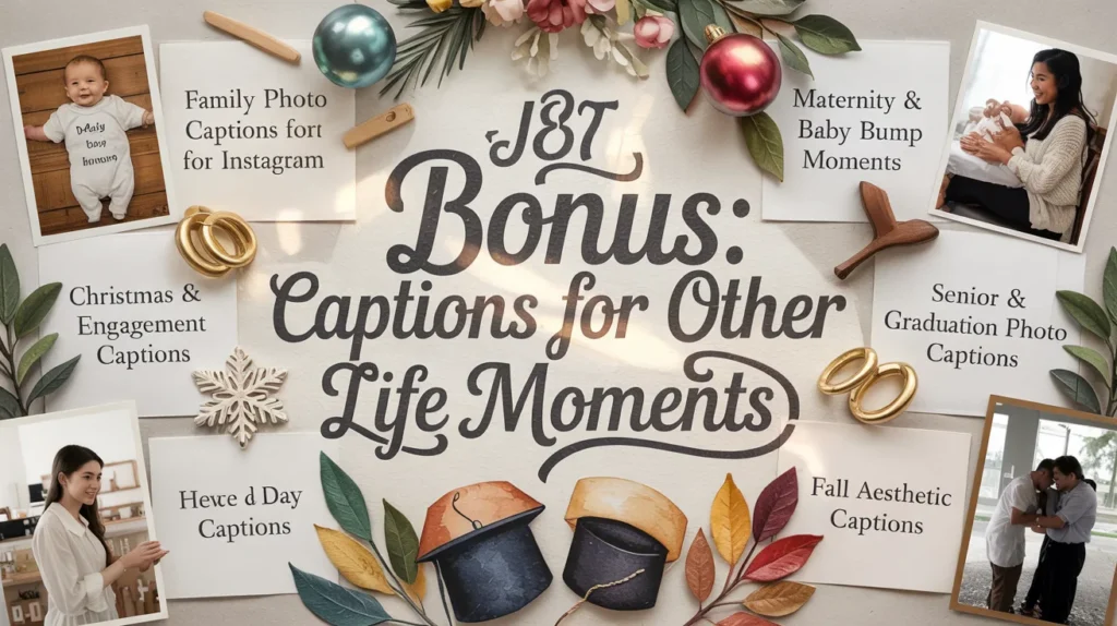 Collage-style design celebrating life moments with themed caption categories and warm colors.