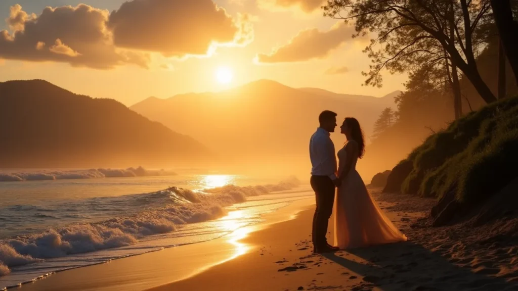 Nature-inspired design with scenic engagement themes and golden hour romance.