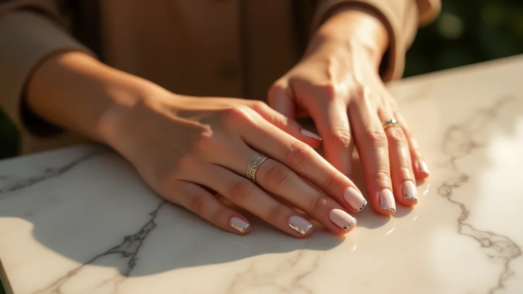 Edge nails with silver lines on marble background