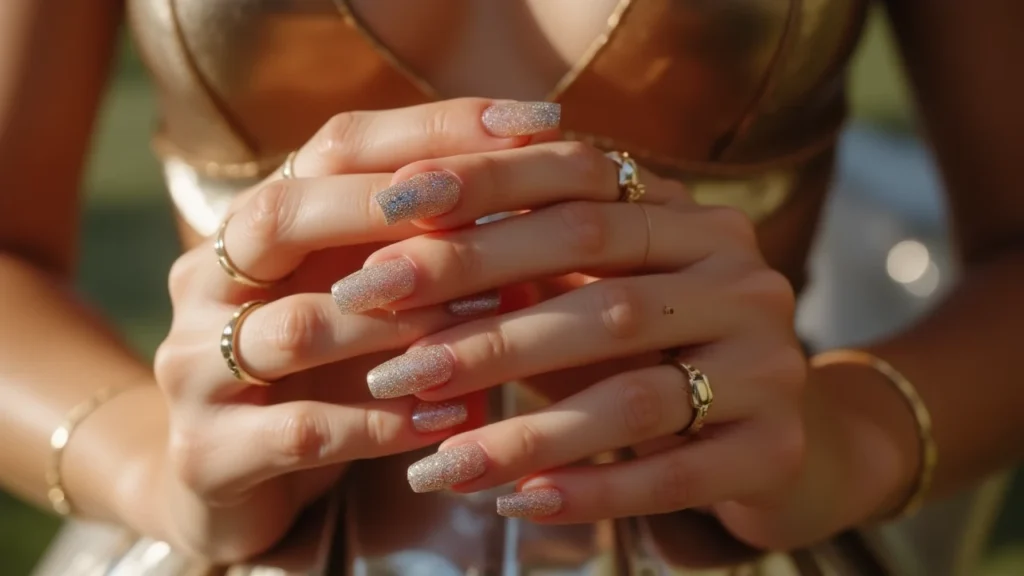 Glossy coffin nails with holographic glitter in fashion setting