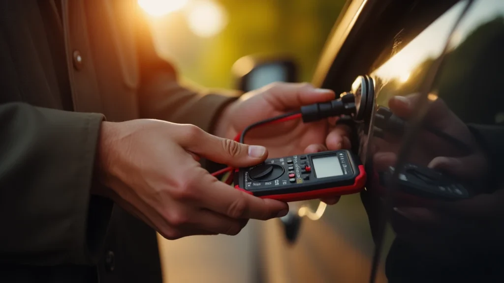 Hands using multimeter to test car reverse light wiring, realistic style.
