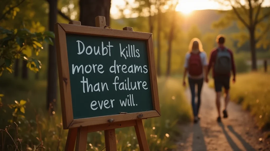 Inspirational quote on chalkboard about overcoming doubt in love