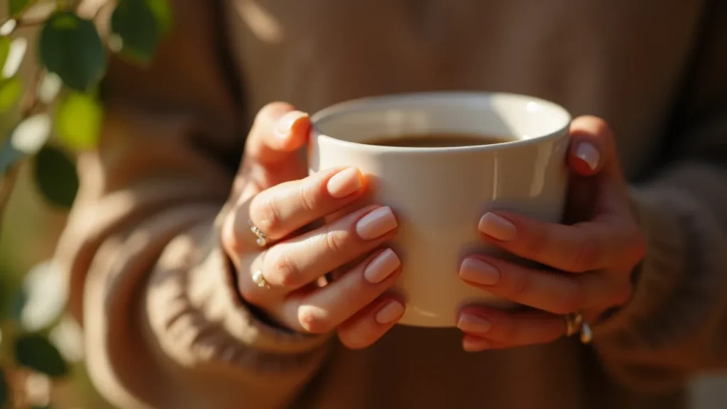 Oval nails with pearls and blush tones, holding coffee