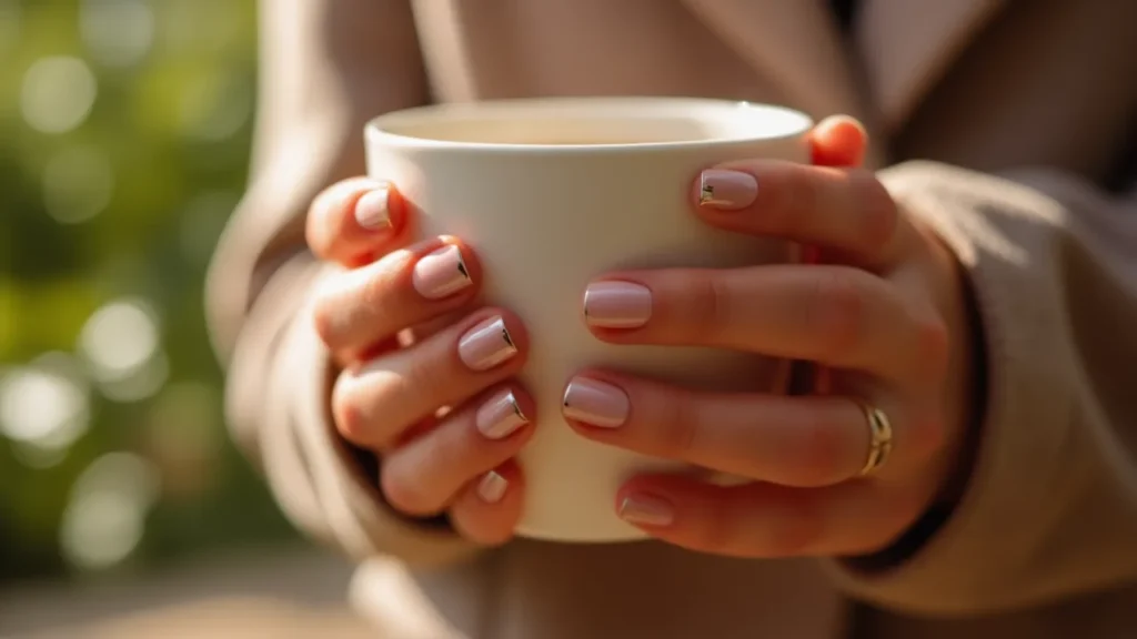 Round blush nails with chrome tips and coffee cup