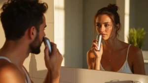 How to use a nose hair trimmer: man trimming nose hair with electric trimmer in mirror