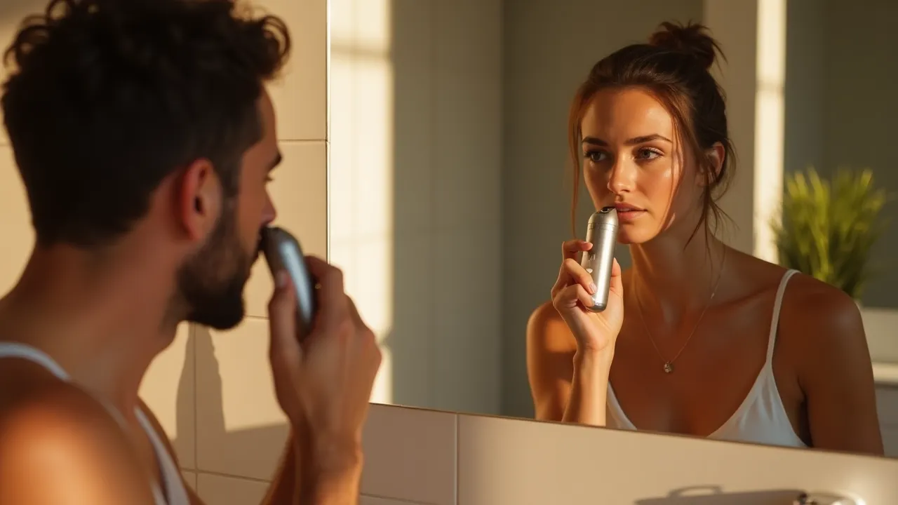 How to use a nose hair trimmer: man trimming nose hair with electric trimmer in mirror