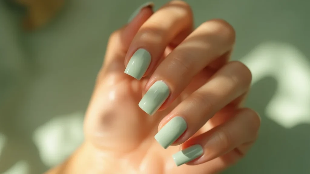 Mint green short square nails with minimalist rings