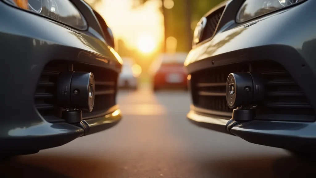 Wired vs wireless rear view cameras on car bumper, technical comparison.