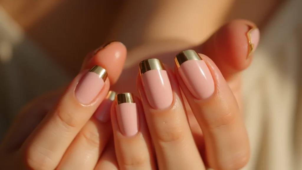 Soft pink almond nails with gold tips in natural light