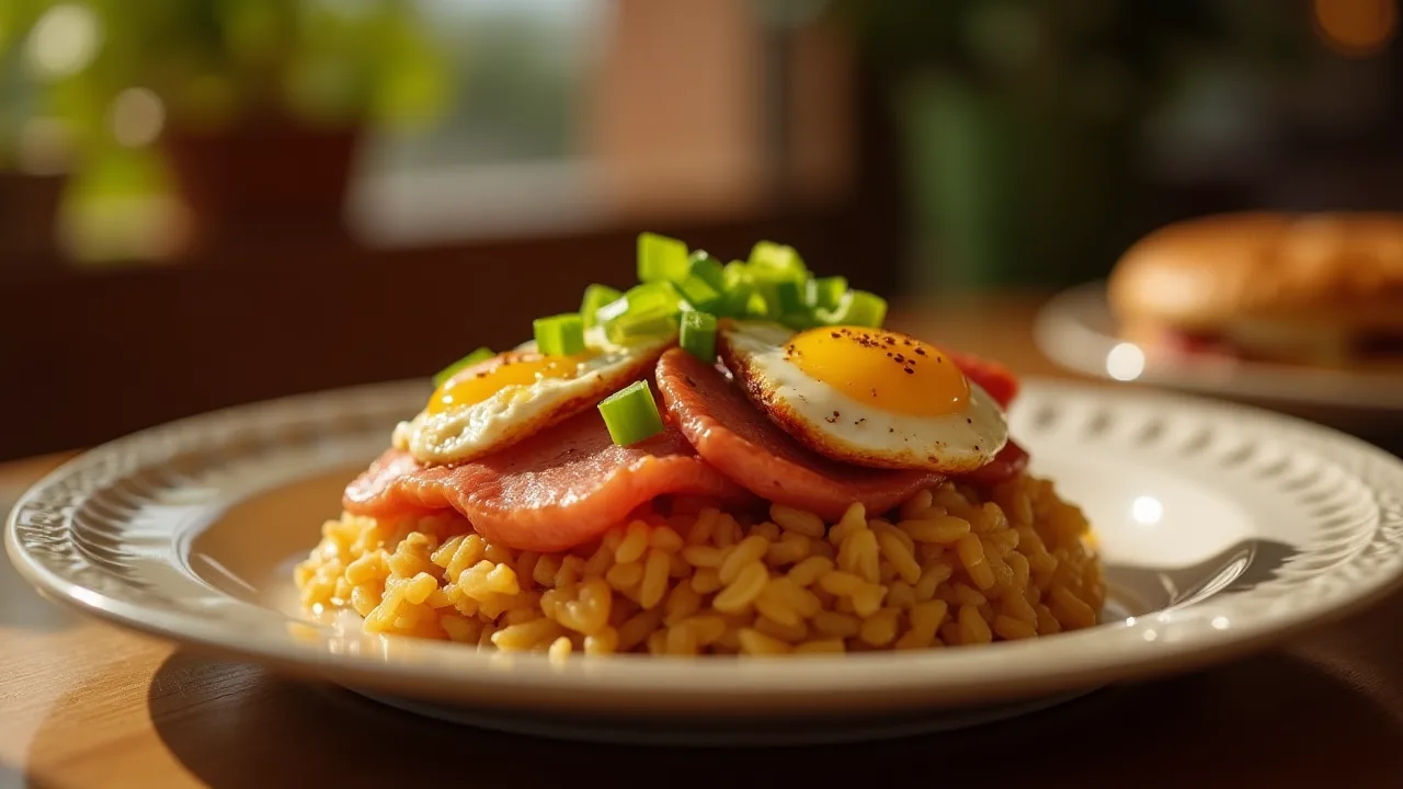 How to Prepare Spam with eggs and rice on wooden table.