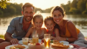 Happy US family enjoys summer vacation outdoors with local activities