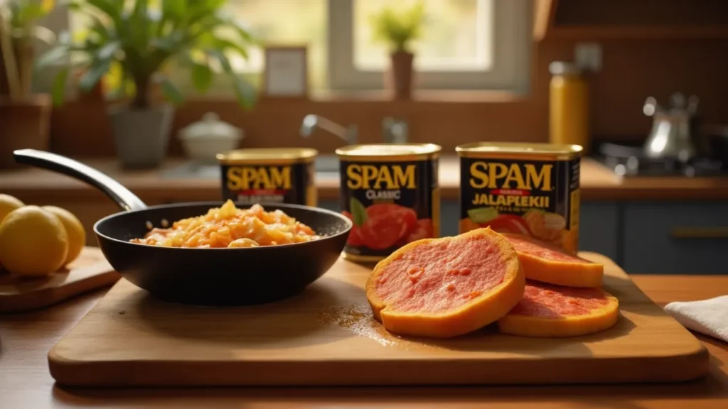 Different Spam flavors and cooking tips on a kitchen counter