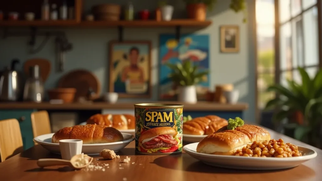 Vintage Spam can with Hawaiian dishes and modern food lovers.