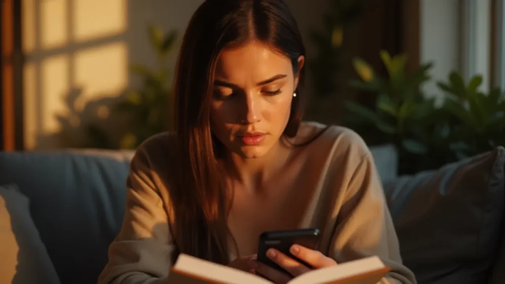 Worried woman checking phone and planner on Sunday night.