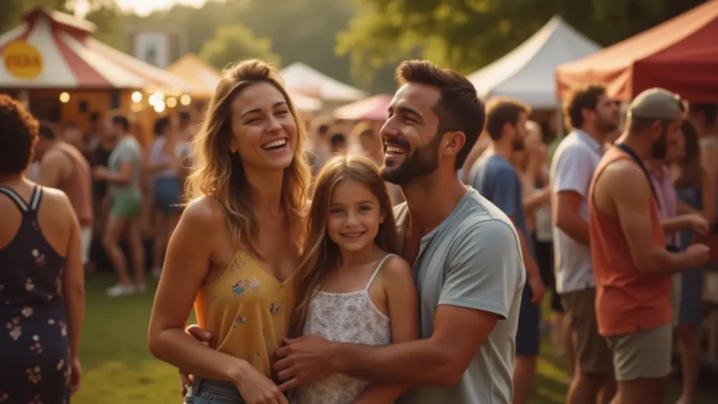 US family enjoying summer vacation at a local festival.