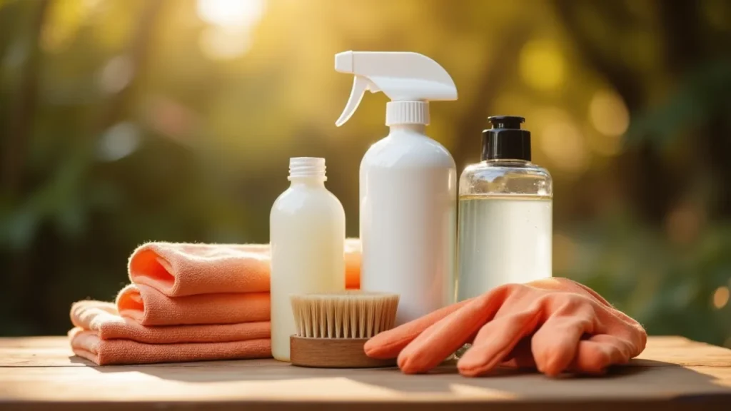 Wood cleaning supplies arranged flat: vinegar, baking soda, cloths, brush, gloves