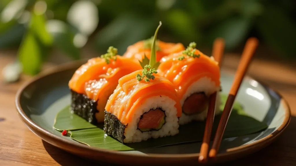 How to prepare Spam musubi with rice and nori on a bamboo plate.