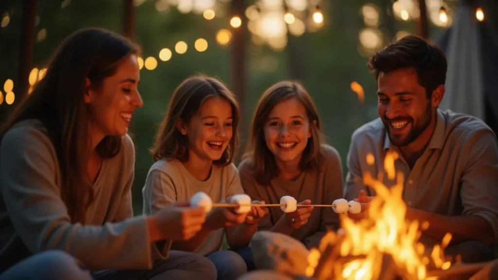 US family camping in backyard to enjoy summer vacation.