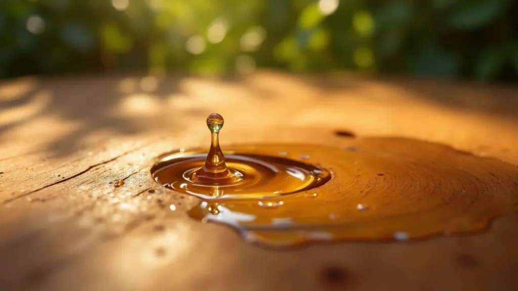 Close-up of oil stains absorbed in unfinished wood tabletop grain