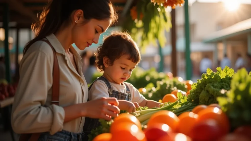 Family shopping at a farmers’ market during summer vacation.
