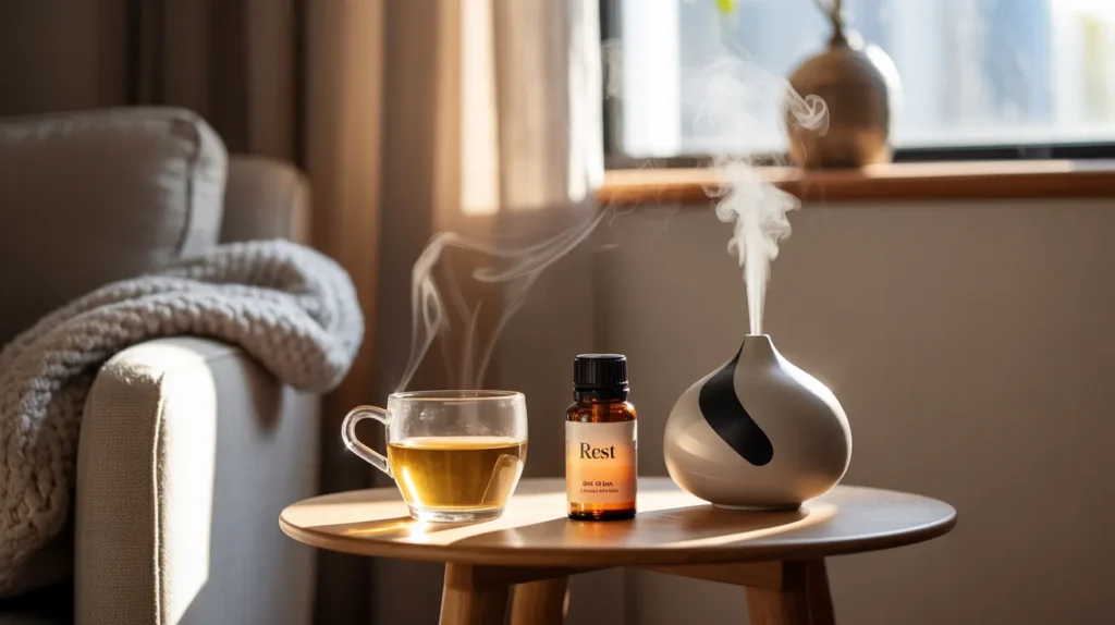 Cozy Sunday night setup with diffuser, tea, CBD oil, and soft light.