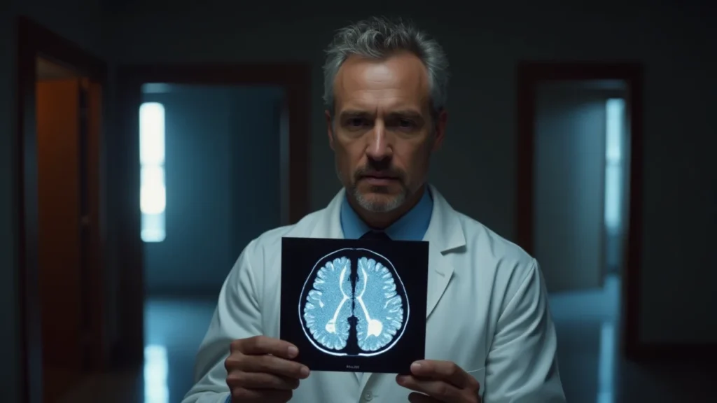 Scientist holding brain scan with parallel universe background

