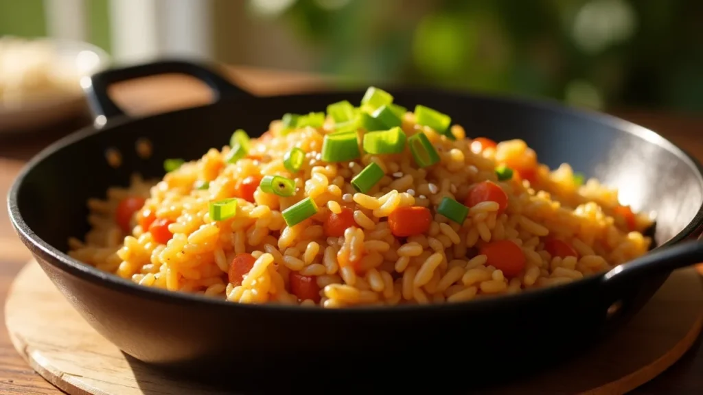 How to prepare Spam fried rice in a skillet with veggies.