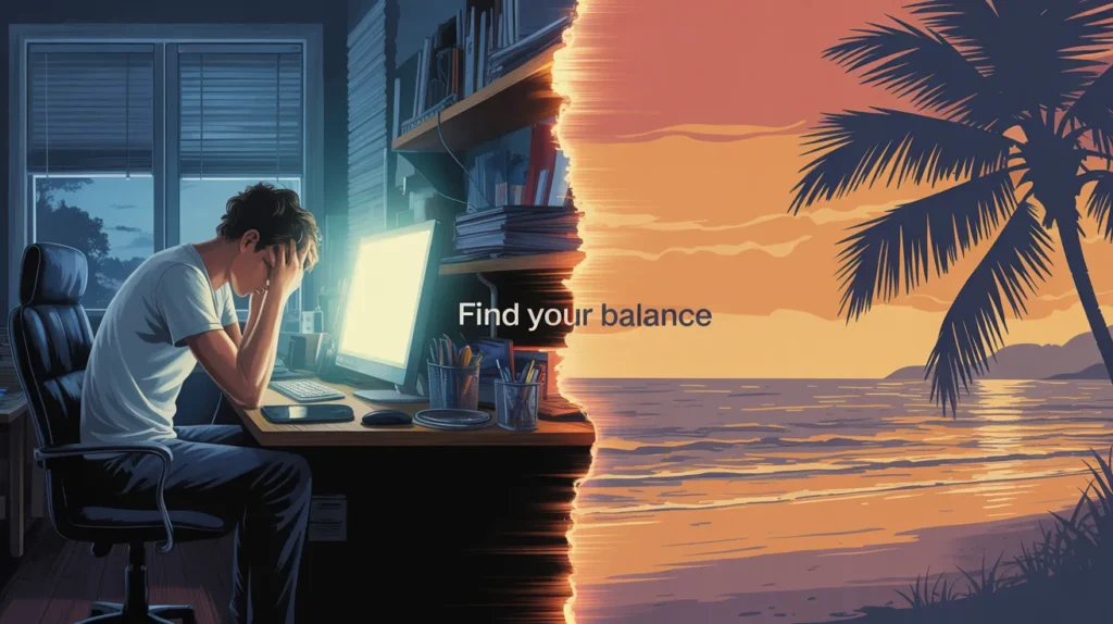 Split screen showing stress at desk vs. relaxation at sunset.