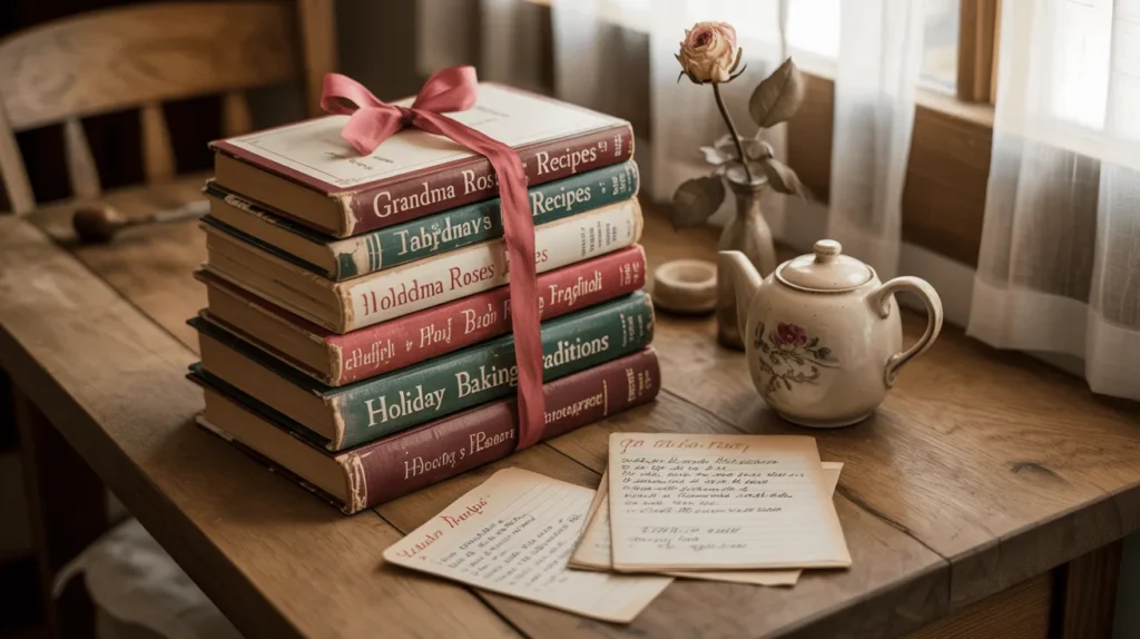 Printed family cookbooks tied with ribbon