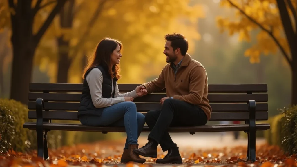 Two people mirroring gestures on a park bench surrounded by autumn leaves